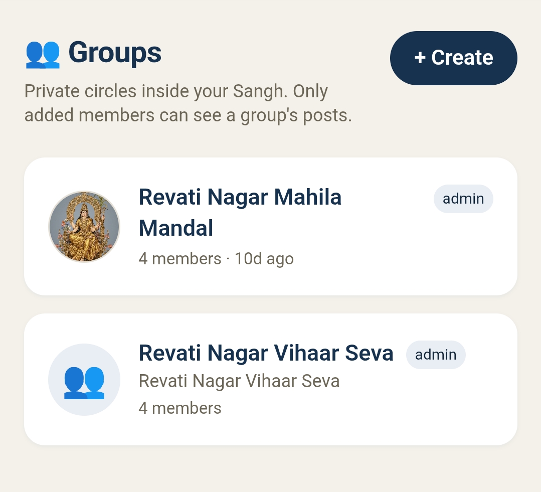 Groups screen showing private Sangh circles